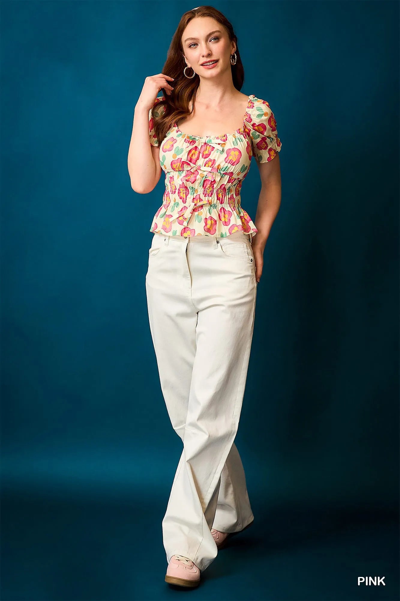 Umgee Floral Smocked Peplum Blouse