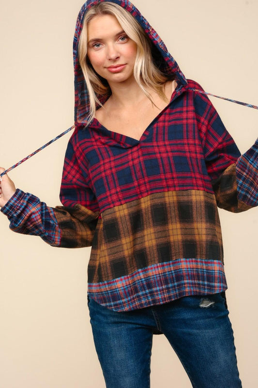 Haptics Plaid Edge Cut Detail Hooded Top Red Mustard Navy