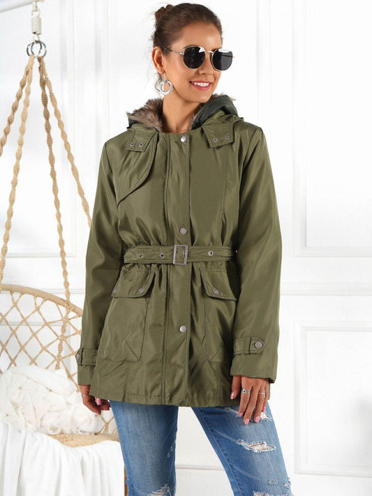 Ivy Lane Full Size Hooded Jacket with Detachable Liner (Three-Way Wear) Army Green