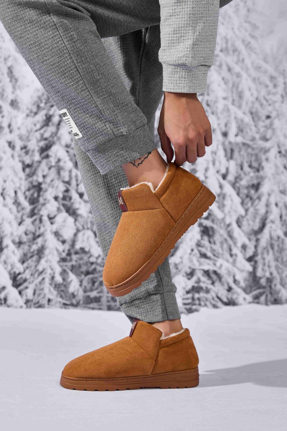 Letter M Suede Round Toe Slippers Caramel