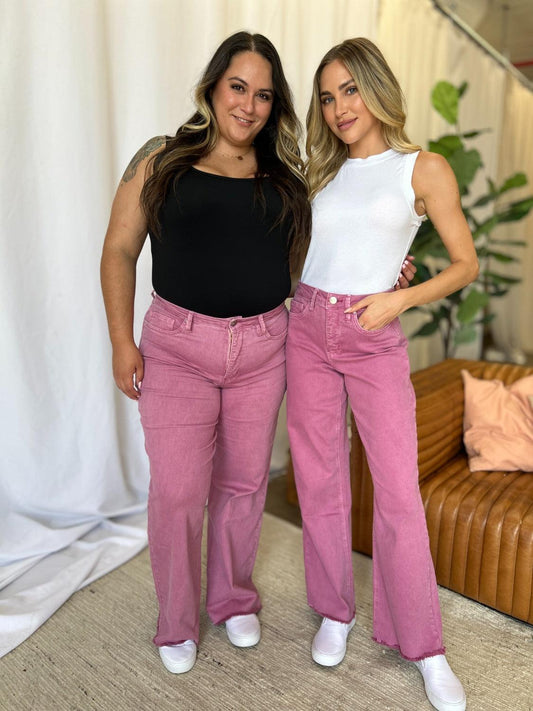 RFM Full Size High Rise Garment Dye Wide Leg Jeans French Rose