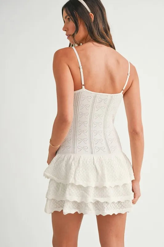 MABLE Bow Pointelle Knit Ruffle Mini Dress