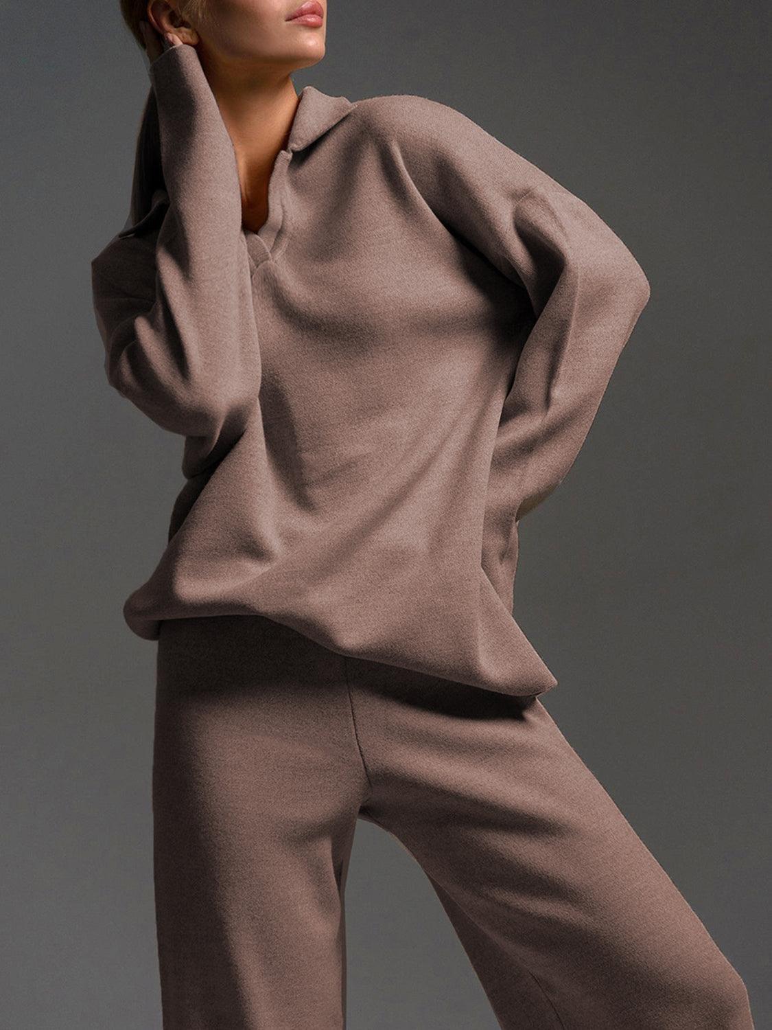 Johnny Collar Long Sleeve Top and Pants Sweater Set Taupe One Size