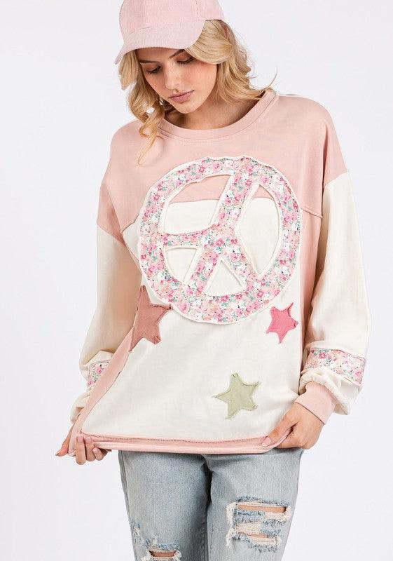 SAGE + FIG Peace & Star Patch Contrast Round Neck Sweatshirt Blush Pink