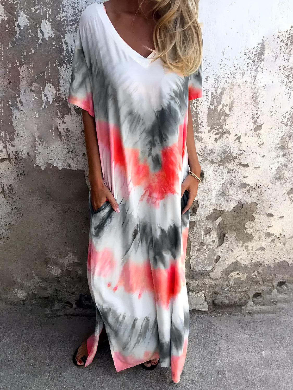 Full Size Pocketed Tie-Dye Short Sleeve Dress Strawberry