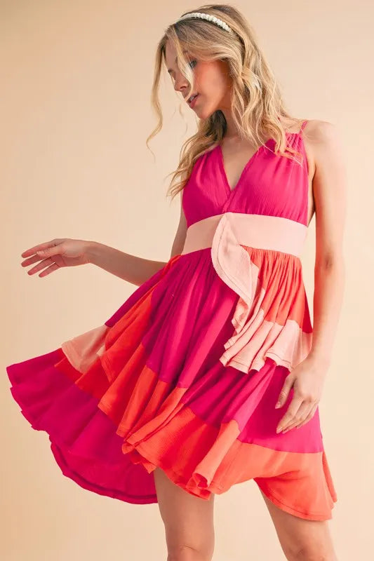 Aemi+Co Ruffled Color Block Sleeveless Mini Dress