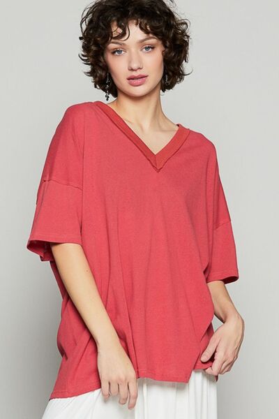 POL V-Neck Half Sleeve T-Shirt TOMATO