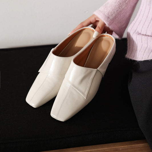 Women's Vintage Cowhide Fold-Over Mules | Square Toe Low Block Heel Backless Loafers