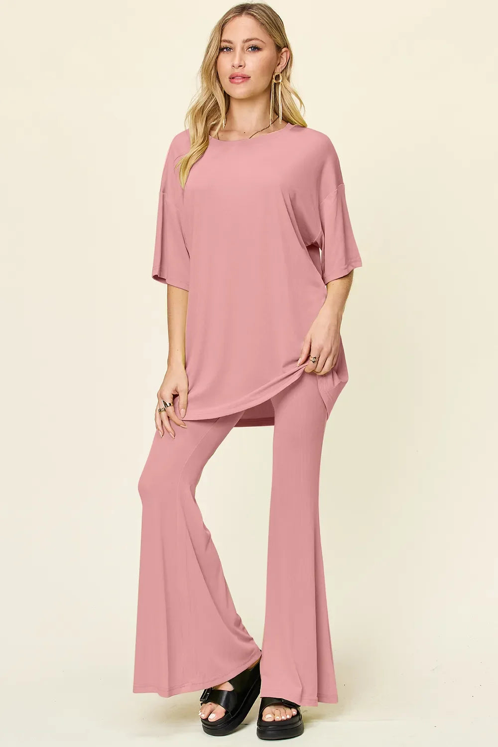 Double Take Full Size Round Neck Drop Shoulder T-Shirt and Flare Pants Set