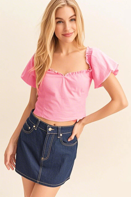 HYFVE Puff Sleeve Sweetheart Neck Top PINK