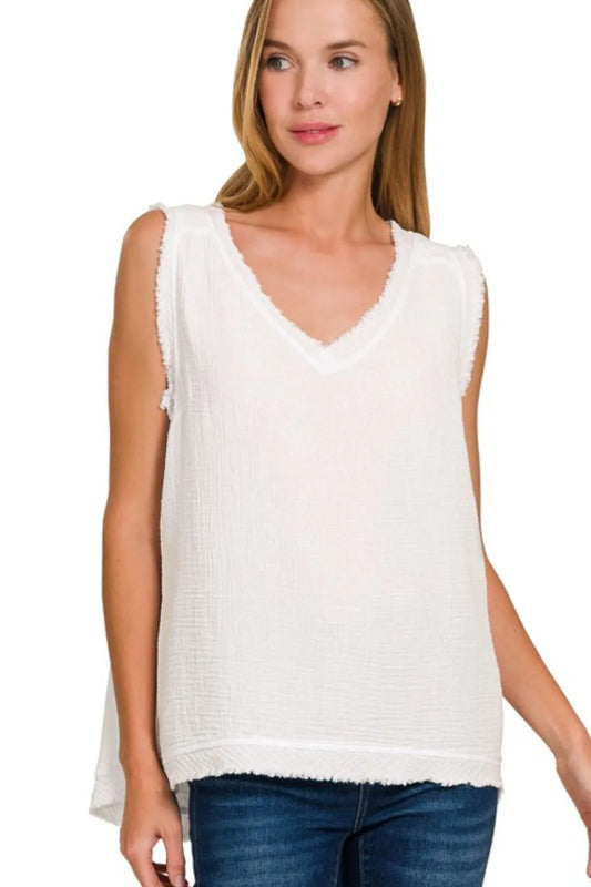Zenana Double Gauze Raw Edge V-Neck Tank WHITE