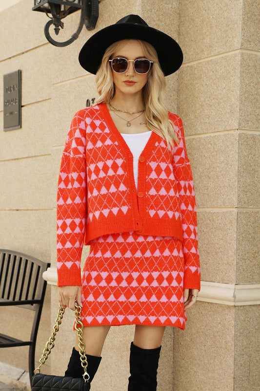 Geometric Button Front Cardigan and Skirt Set Red