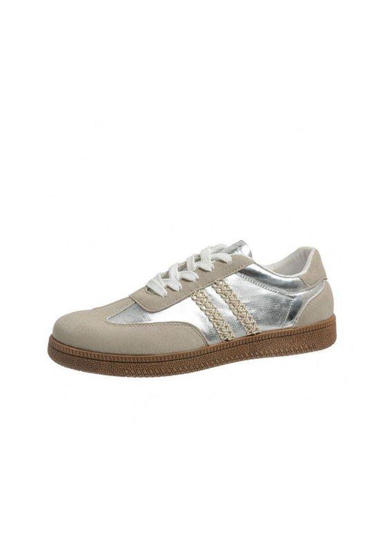 Side Striped Round Toe Contrast Sneakers Silver