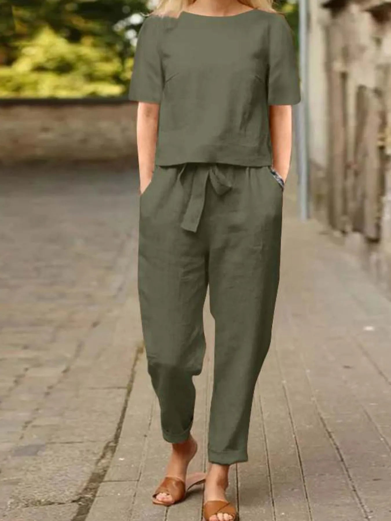 Full Size Round Neck Short Sleeve Top and Pants Set Plus Size