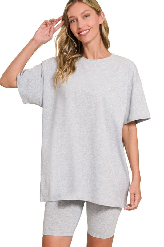 Zenana Cotton Round Neck Top & Biker Shorts H GREY
