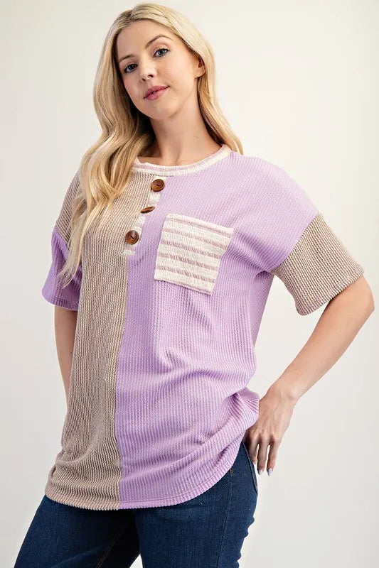 Celeste Full Size Rib Contrast Short Sleeve T-Shirt Plus SIze