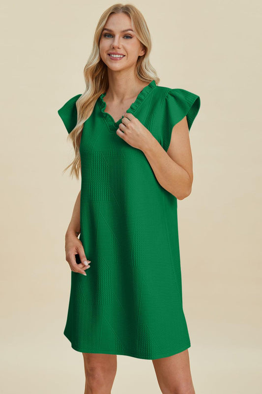 Double Take Full Size Ruffled V-Neck Cap Sleeve Dress Dark Green