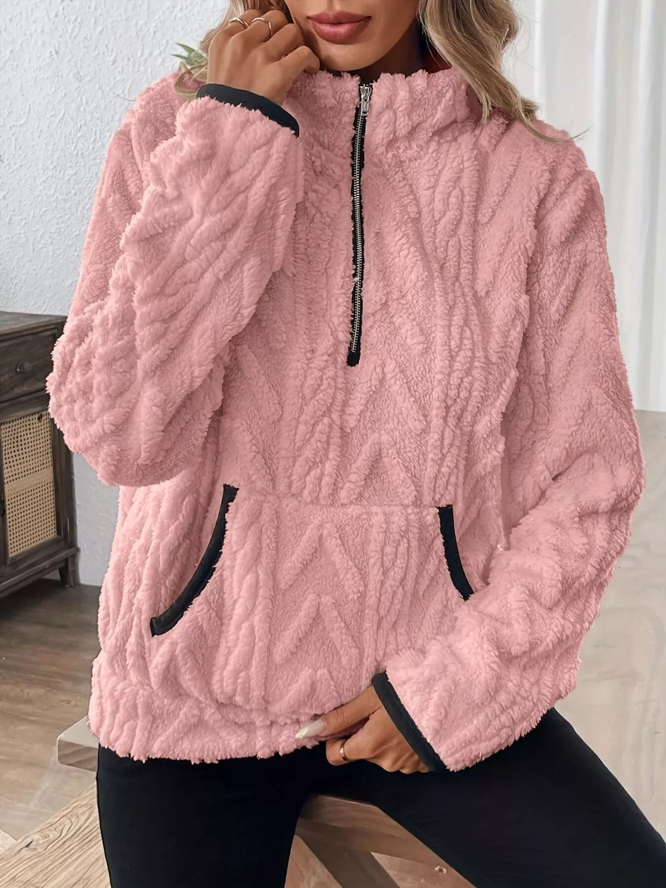 Full Size Half Zip Kangaroo Pocket Sweatshirt Plus Size