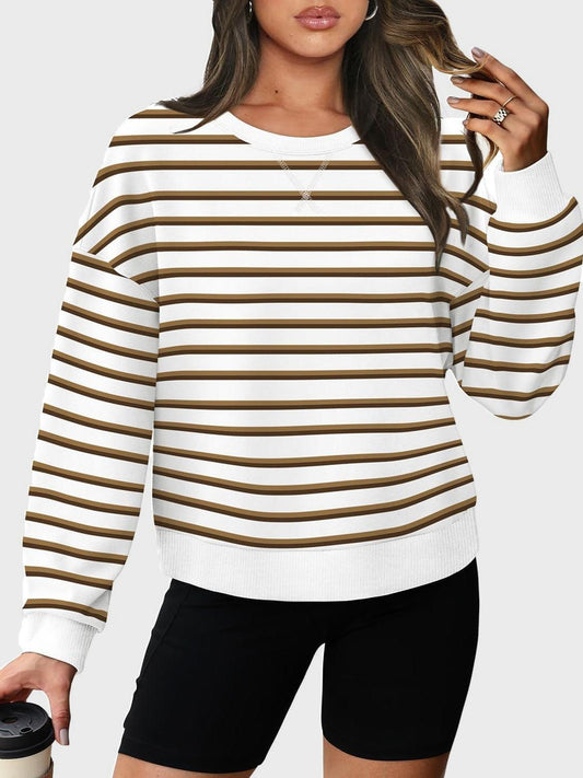 Lovelet Striped Round Neck Long Sleeve Sweatshirt Camel