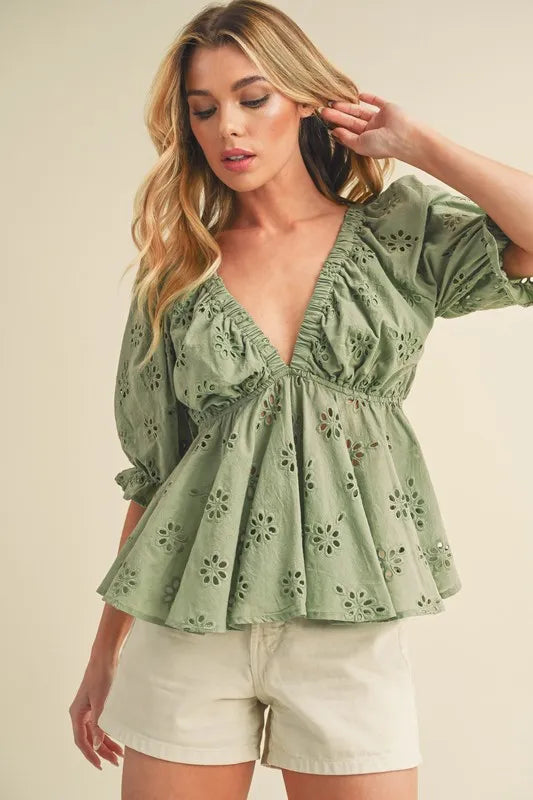 Aemi + Co Eyelet Embroidered V-Neck Half Sleeve Peplum Blouse