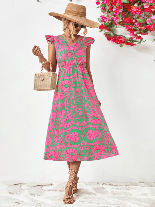 Printed V-Neck Cap Sleeve Dress Green