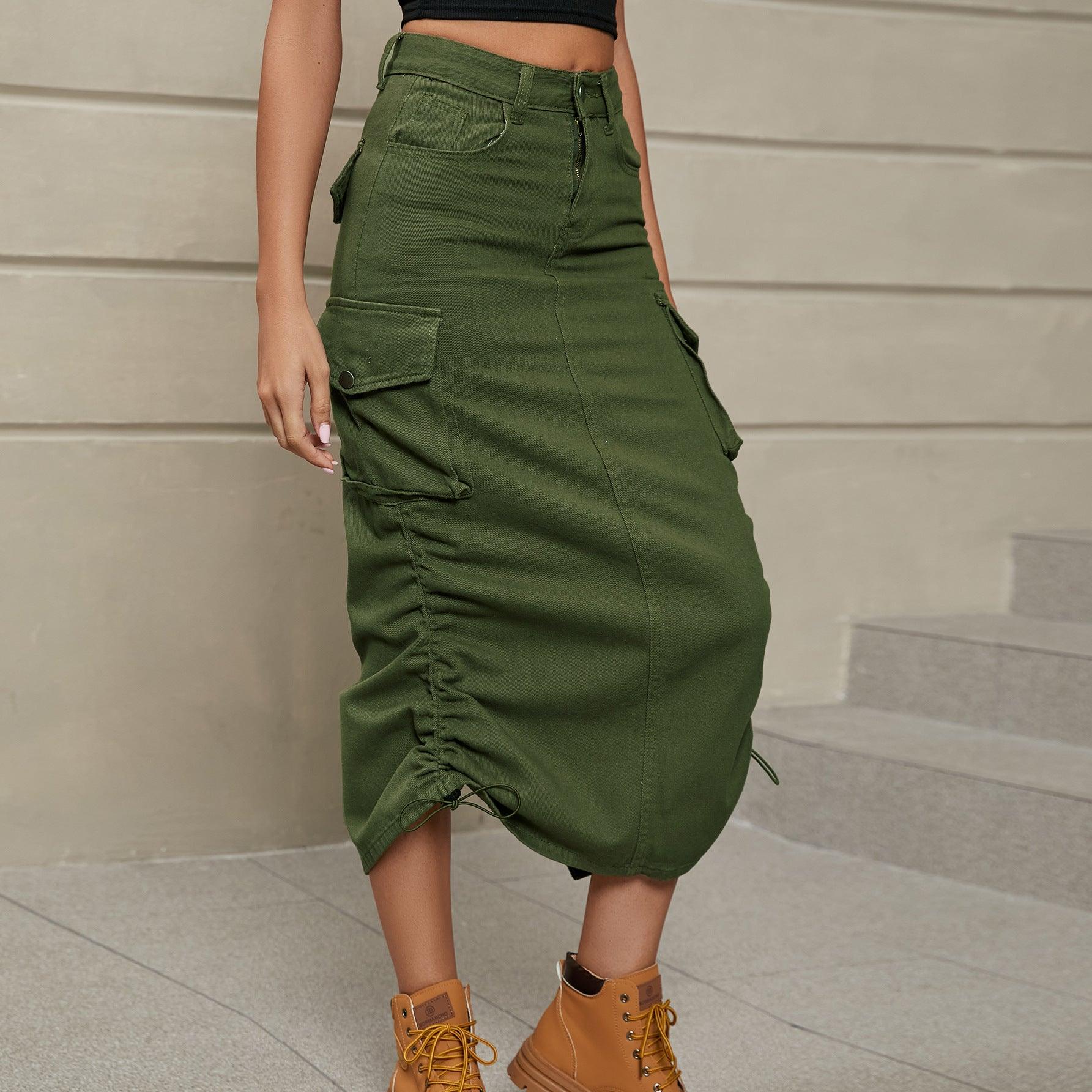 Drawstring Ruched Slit Denim Midi Skirt Army Green