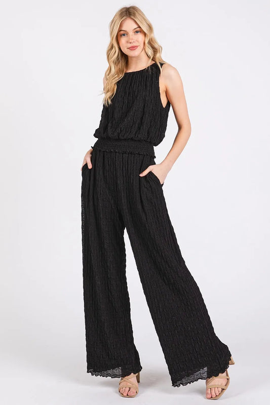 Mittoshop Textured Stretchy Crop Tank and Pants Set BLACK