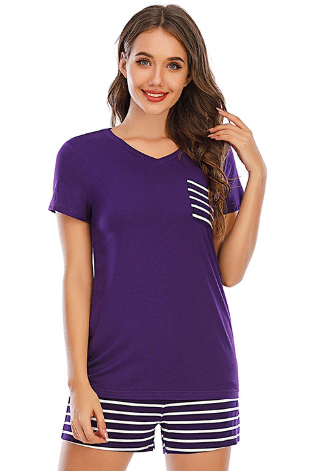 Striped Short Sleeve Top and Shorts Lounge Set Violet