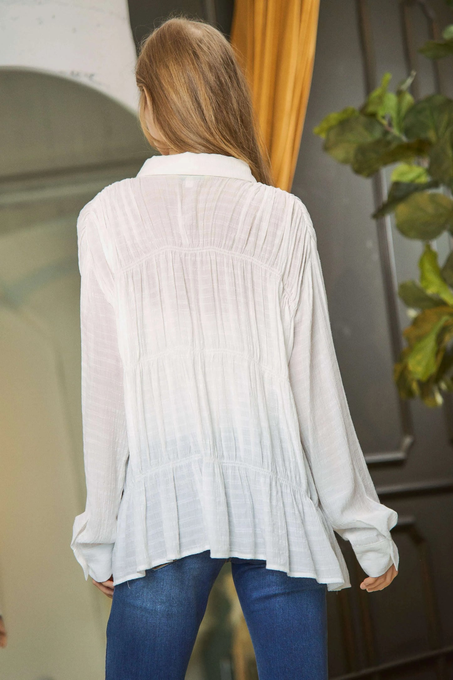 Davi & Dani Ruched All Over Button Front Shirt