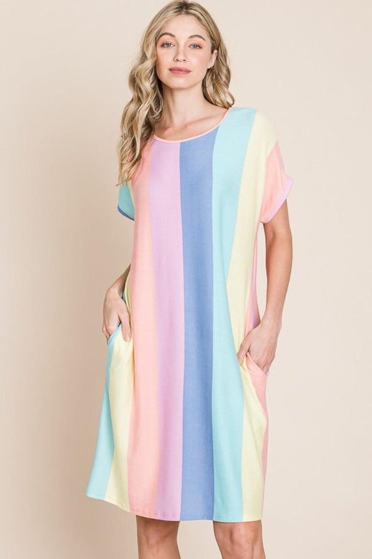 BOMBOM Striped Short Sleeve Dress with Pockets Stripe