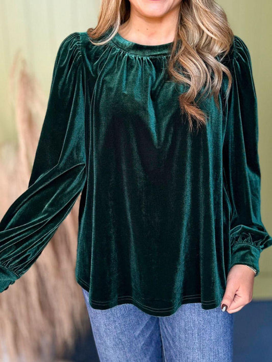 Ruched Round Neck Long Sleeve Blouse Dark Green