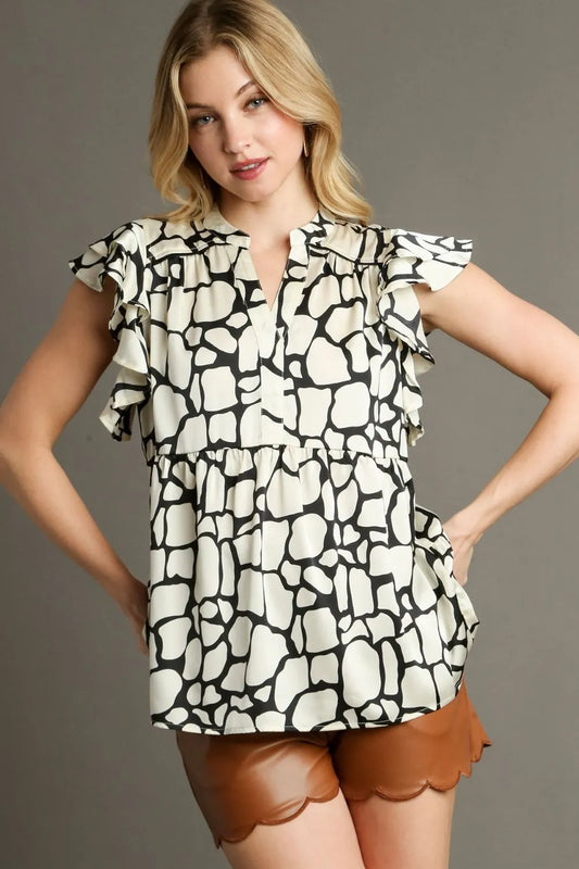 Umgee Full Size Two Tone Animal Print Notched Ruffle Cap Sleeve Blouse Plus Size Black