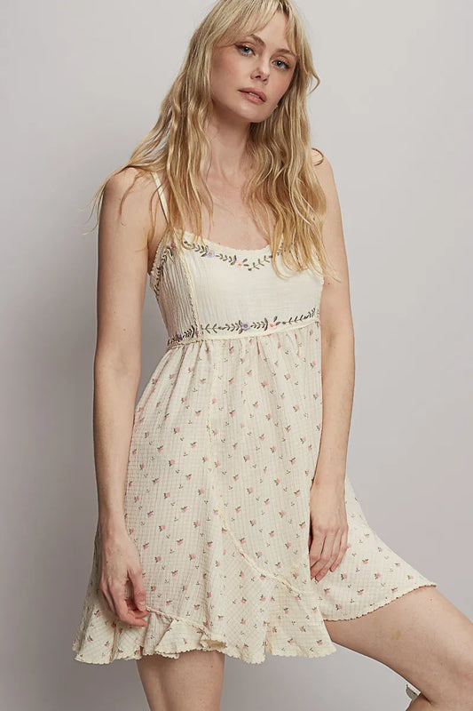 POL Ruffled Hem Floral Print Cami Mini Dress Cream