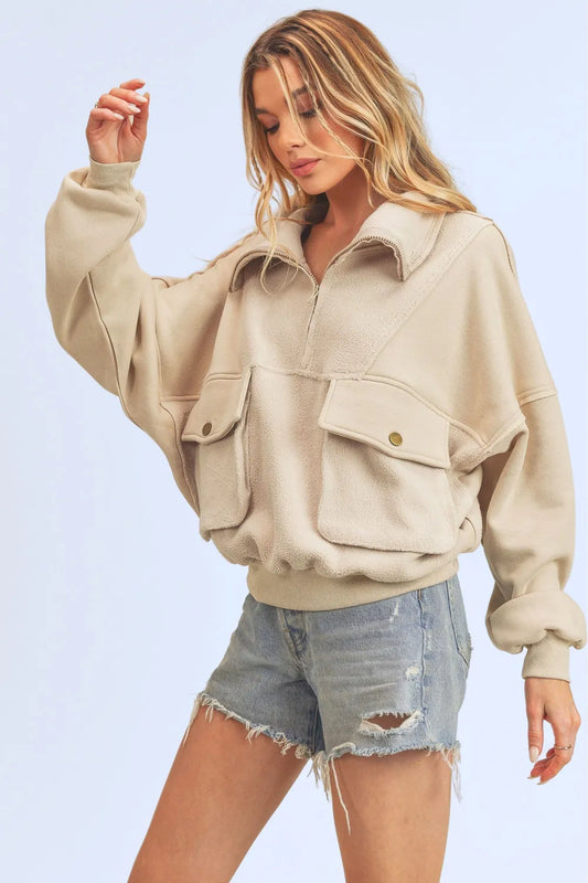 Aemi + Co Exposed Seam Half Zip Sweatshirt with Pockets Cream
