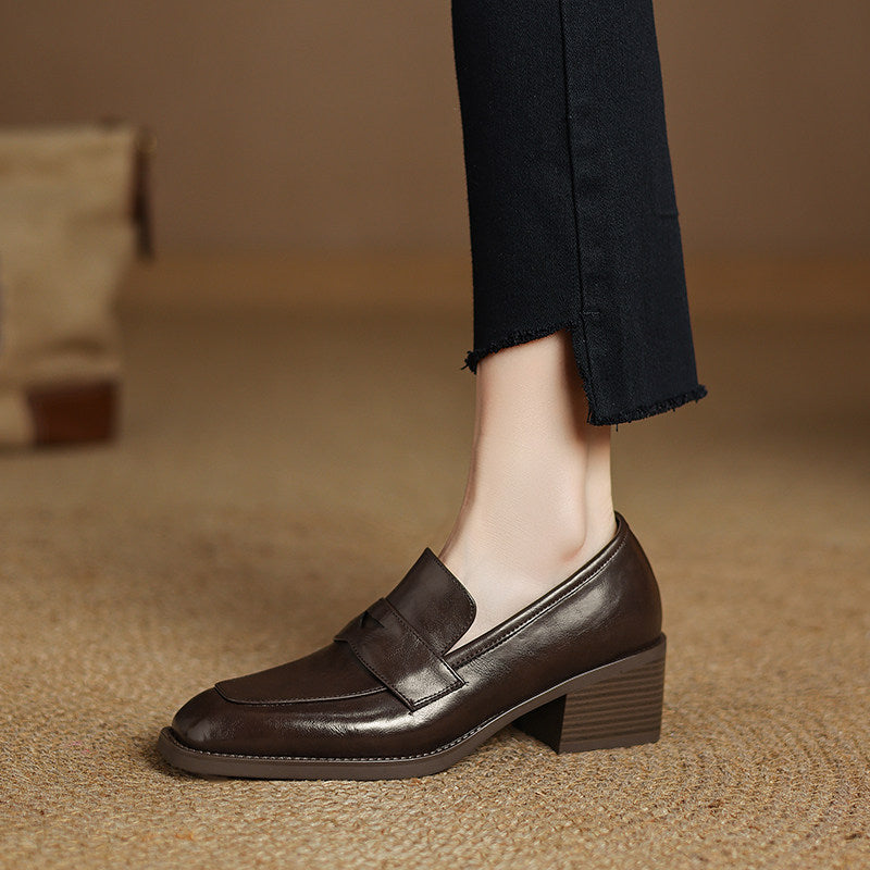 Women's Retro Square-Toe Chunky-Heel Slip-On Loafers – Sheepskin Leather