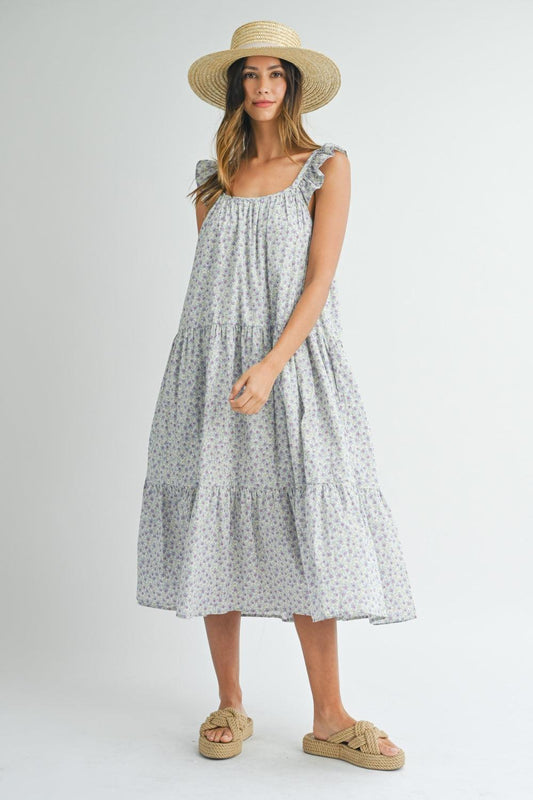MABLE Floral Ruffle Shoulder Tiered Midi Dress Blue