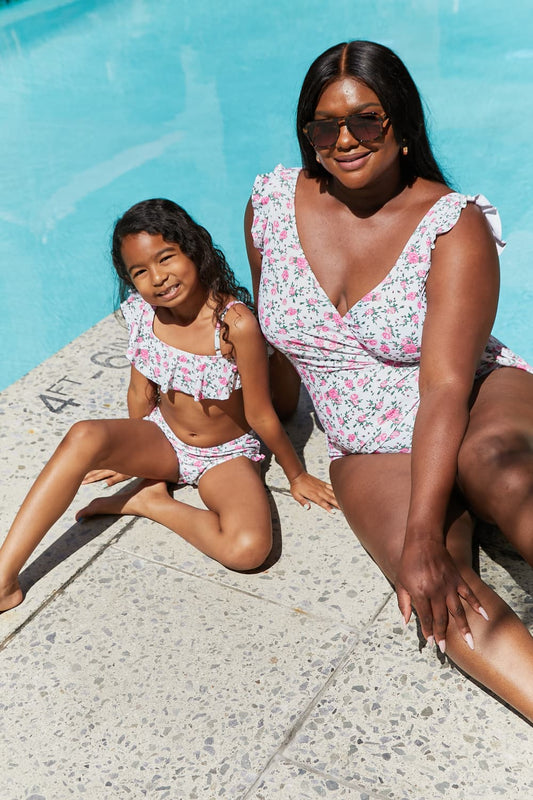 Marina West Swim Full Size Float On Ruffle Faux Wrap One-Piece in Roses Off-White Floral