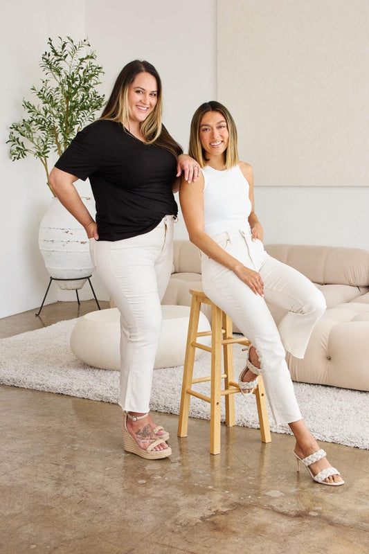 RFM Mini Mia Full Size Tummy Control High Waist Raw Hem Jeans Off White