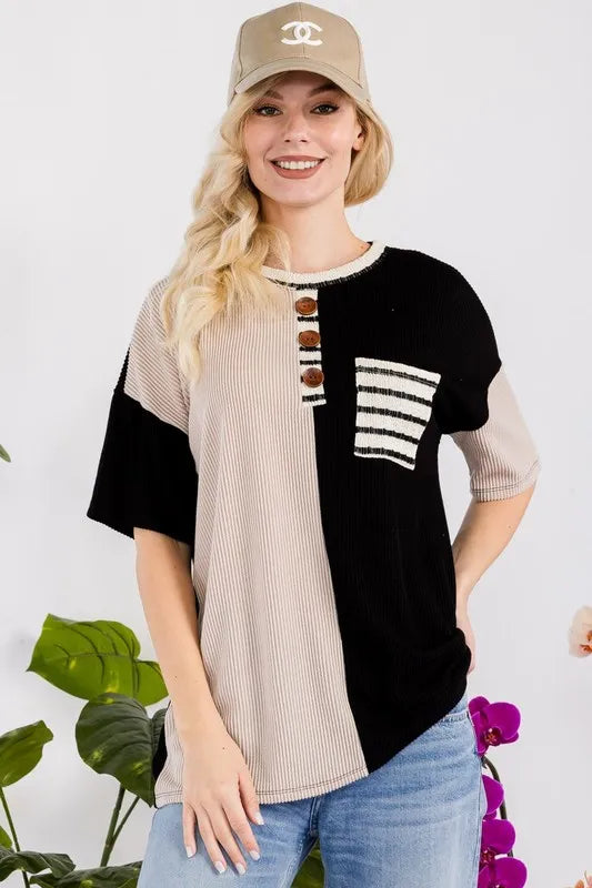 Celeste Full Size Rib Contrast Short Sleeve T-Shirt Plus SIze BLACK STRIPE