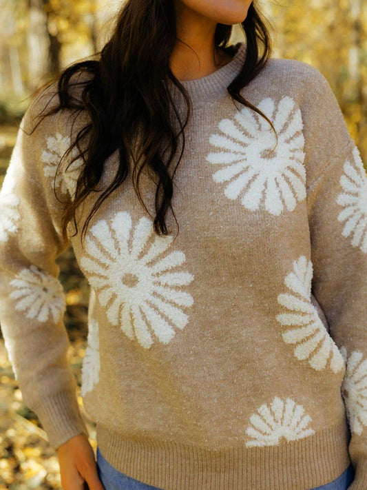 Flower Round Neck Long Sleeve Sweater Tan