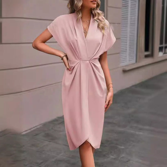 Batwing Sleeve Dress V-neck Short Sleeve Pleated Dresses