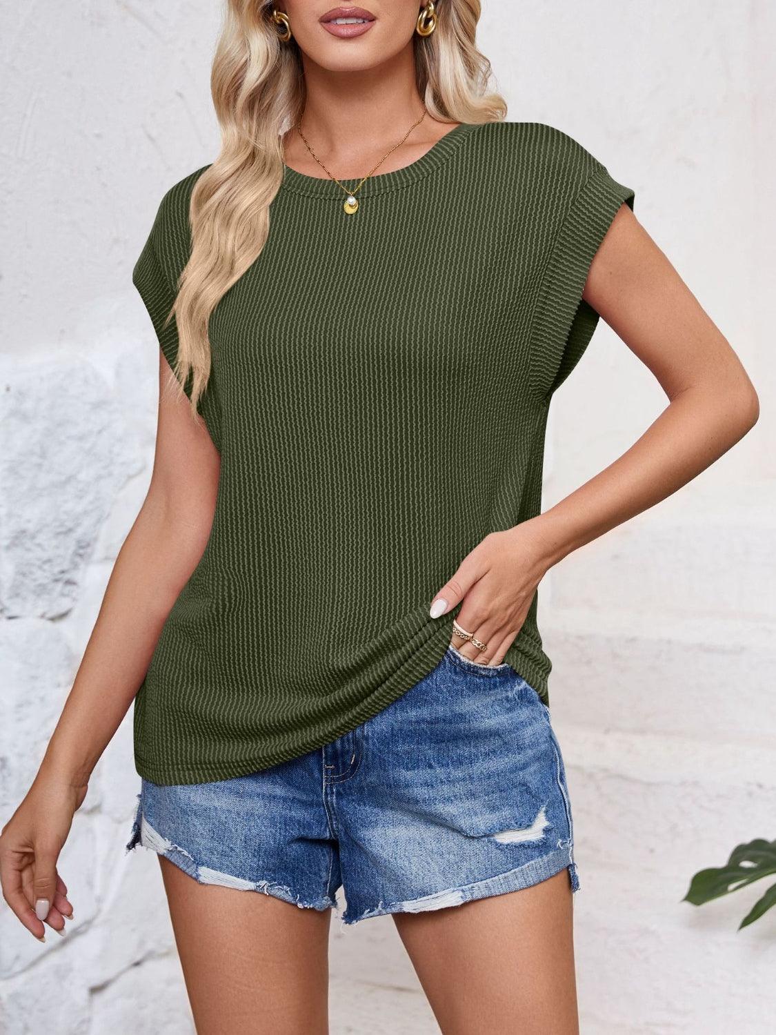 Lovelet Textured Round Neck Cap Sleeve Blouse Army Green