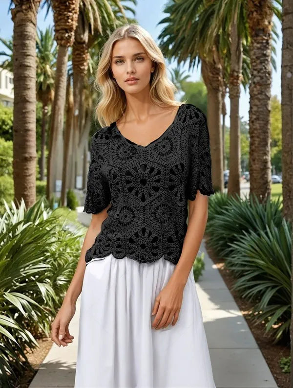 ADORA Crochet Short Sleeve Top Black