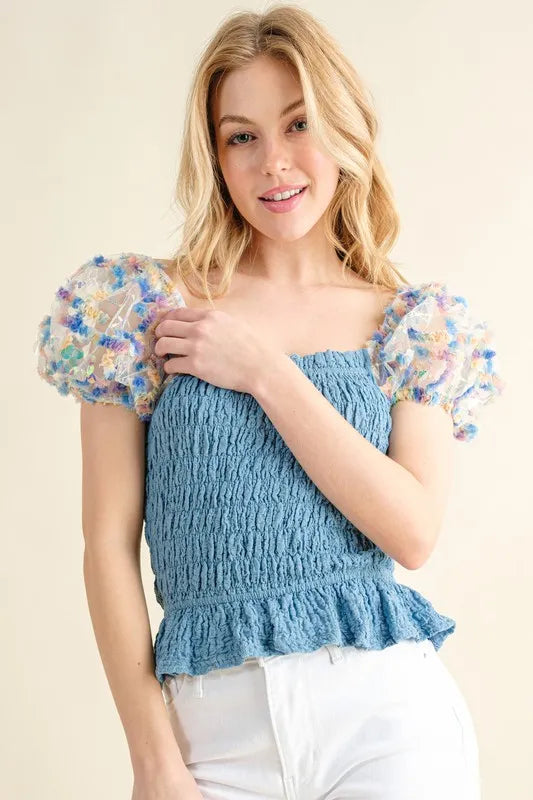 And The Why Embellishment Sleeve Smocked Top BLUE