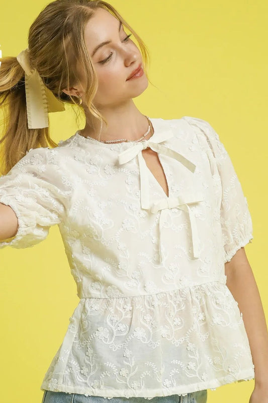 Umgee Embroidered Tie Front Peplum Blouse Cream