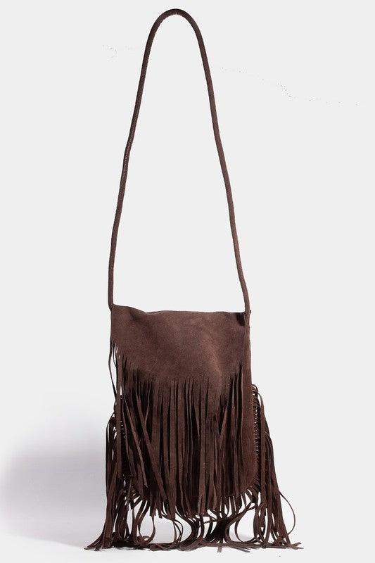 Fame Faux Suede Fringe Rectangle Crossbody Bag Dark Brown One Size