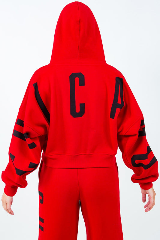 American Bazi Letter Graphic Long Sleeve Drawstring Cropped Hoodie Red