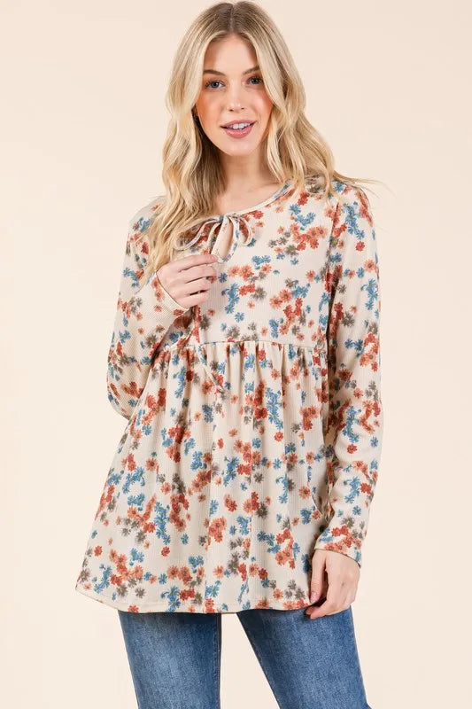 BOMBOM Floral Print Tie Neck Long Sleeve Blouse Cream