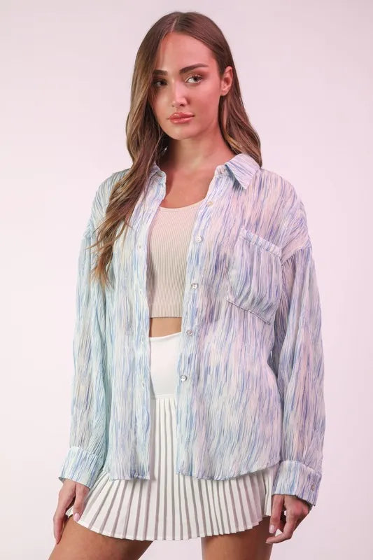 VERY J Plus Size Oversized Printed Button Up Shirt Sky