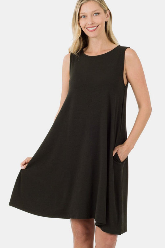 Zenana Full Size Sleeveless Flared Dress with Side Pockets Black